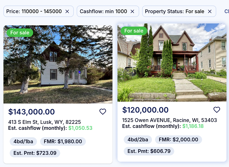 Deal Finder showing Section 8 properties with cash flow