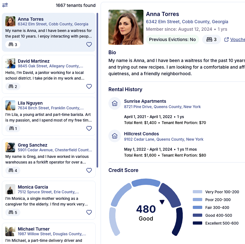 Tenant profiles with rental history and credit scores